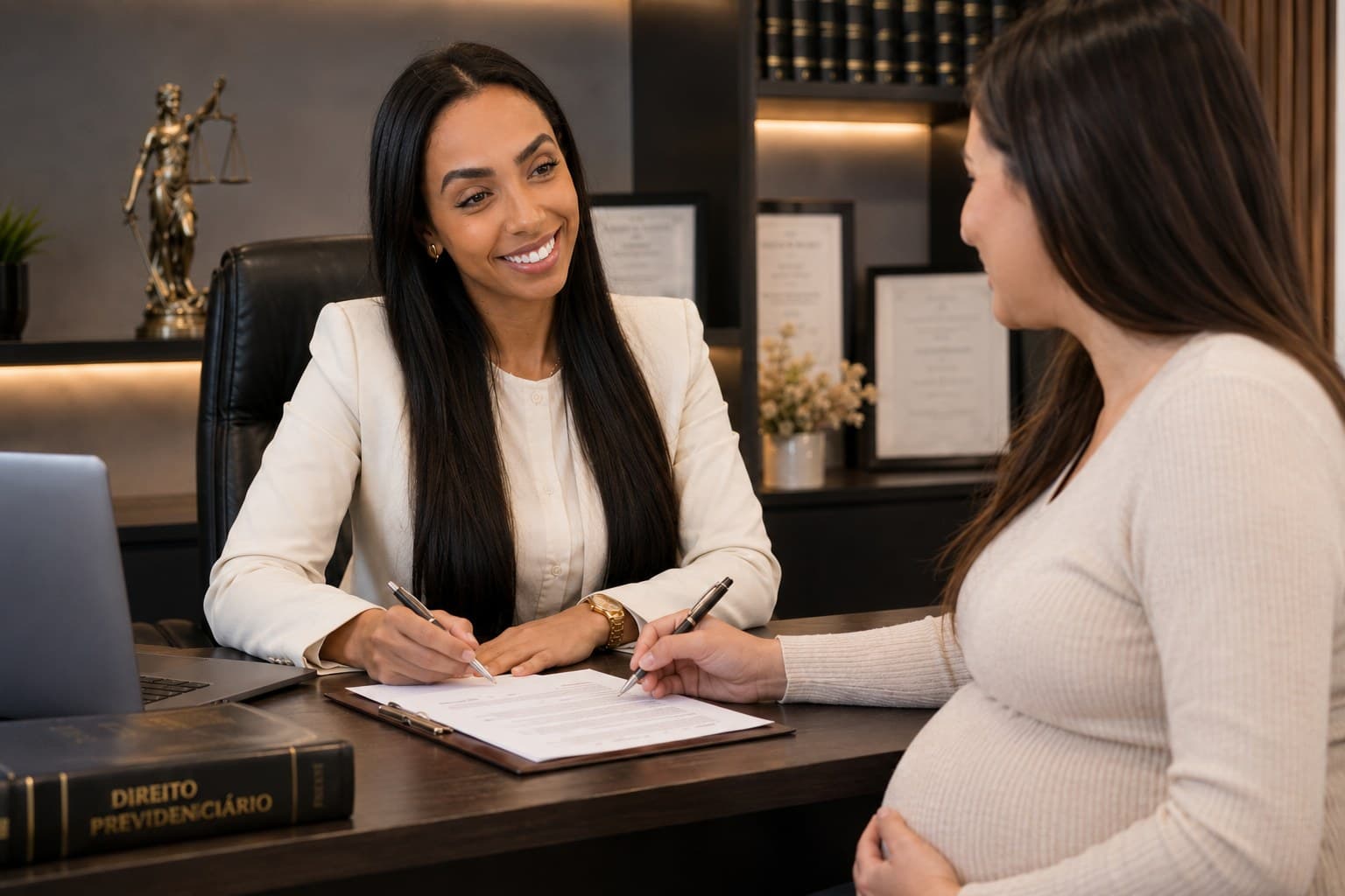 Advogada atendendo uma cliente em reunião no escritório